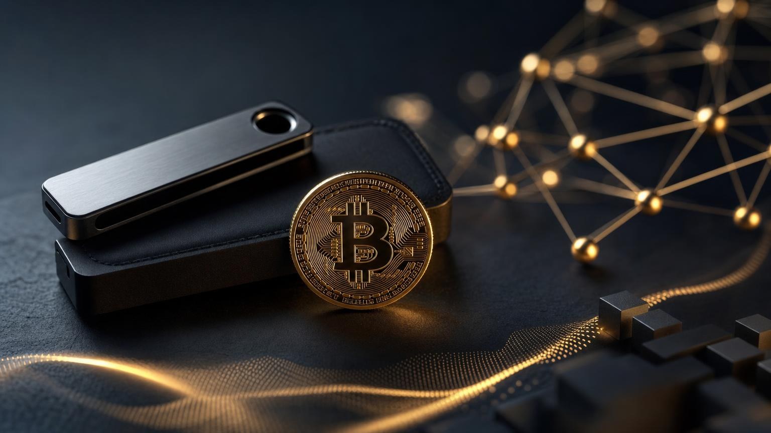 Hardvertárca kijelzőjén ellenőrzött Bitcoin-cím, hálózati díj és tranzakcióazonosító egy BTC-váltás előkészítése közben